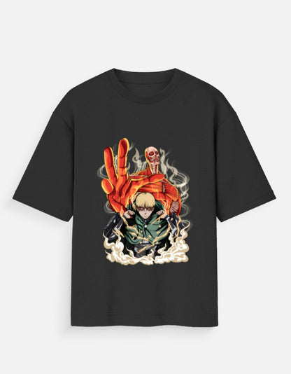 Black Attack on Titan t-shirt featuring Armin Arlert with Colossal Titan graphic design