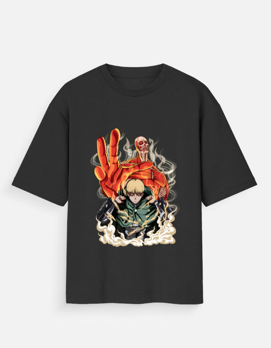 Black Attack on Titan t-shirt featuring Armin Arlert with Colossal Titan graphic design