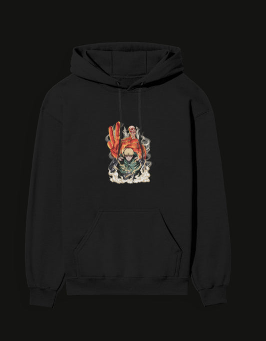 Unisex black hoodie featuring Attack on Titan design with iconic characters and vibrant graphics