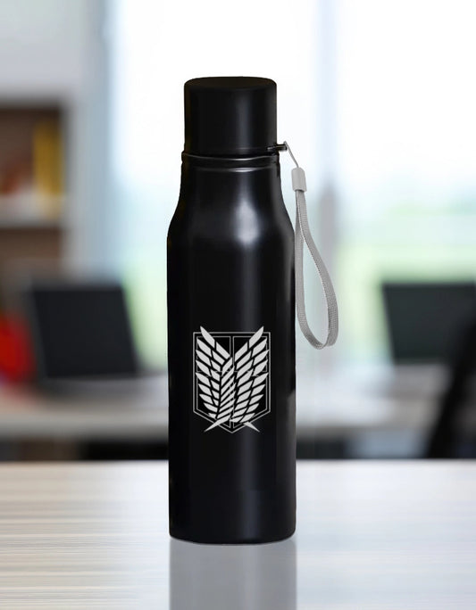Black Attack on Titan water bottle with Survey Corps emblem and wrist strap from AnimeVerseStore