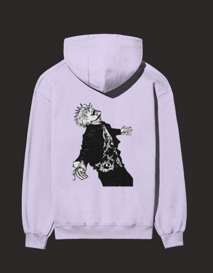 Light purple awakened gojo hoodie featuring a graphic design of Gojo in a dynamic pose