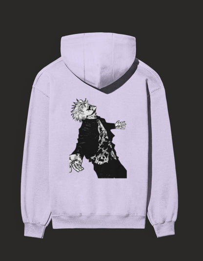 Light purple awakened gojo hoodie featuring a graphic design of Gojo in a dynamic pose