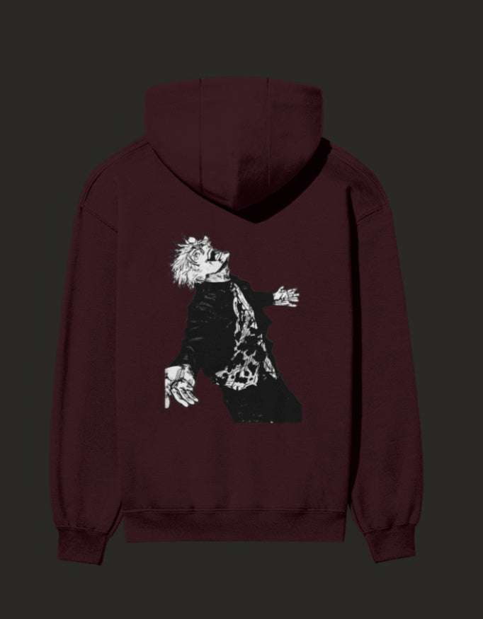 Awakened Gojo hoodie in burgundy featuring a detailed graphic on the back