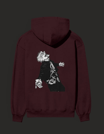 Awakened Gojo hoodie in burgundy featuring a detailed graphic on the back