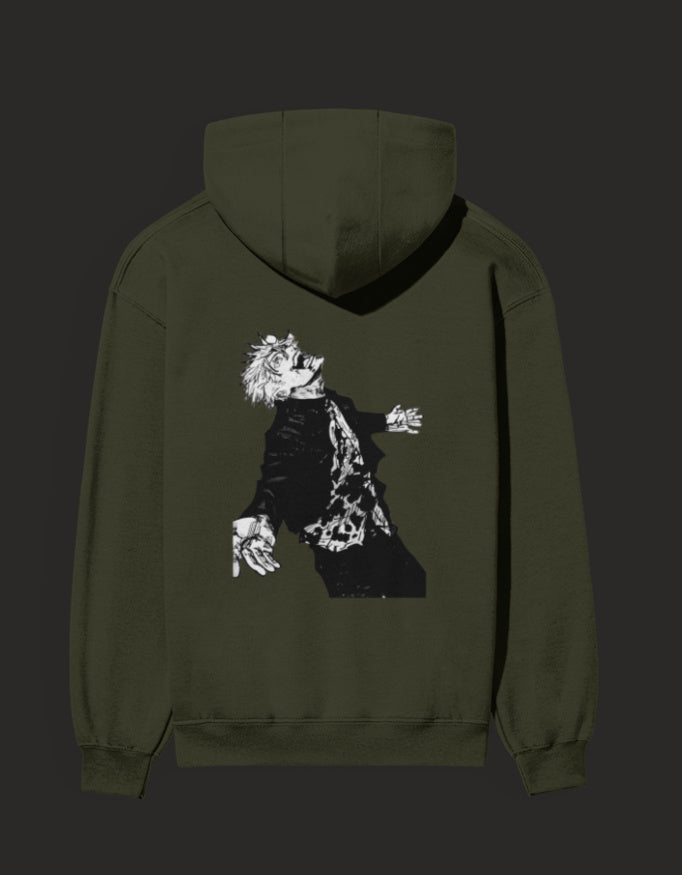 Awakened Gojo hoodie in olive green featuring a striking graphic design on the back