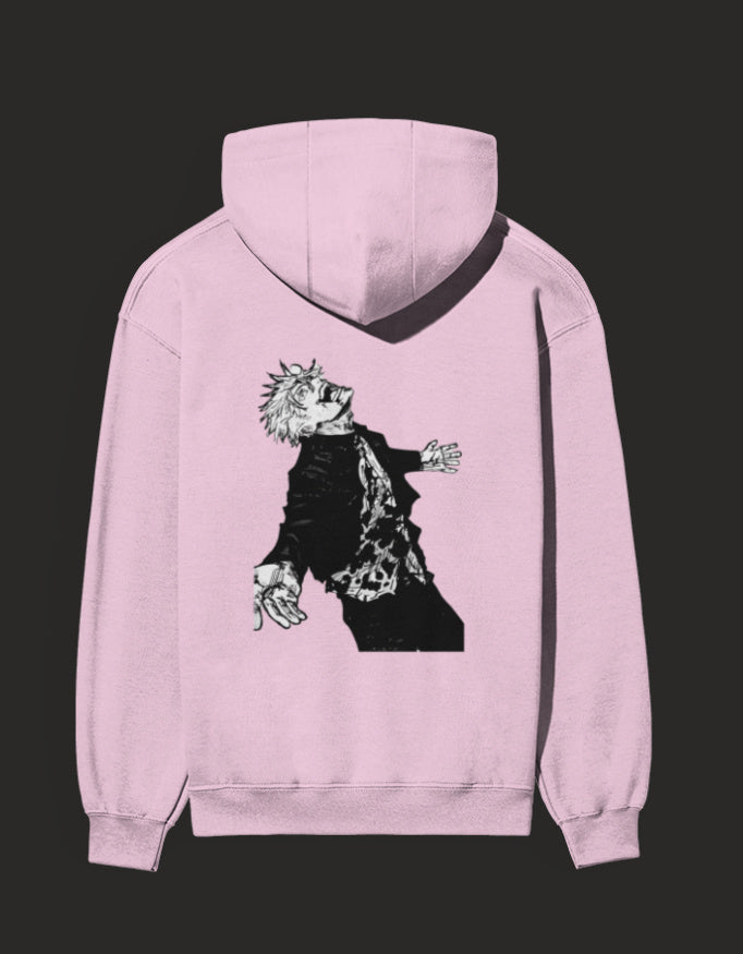 Pink Awakened Gojo hoodie featuring a detailed graphic design on the back for anime fans