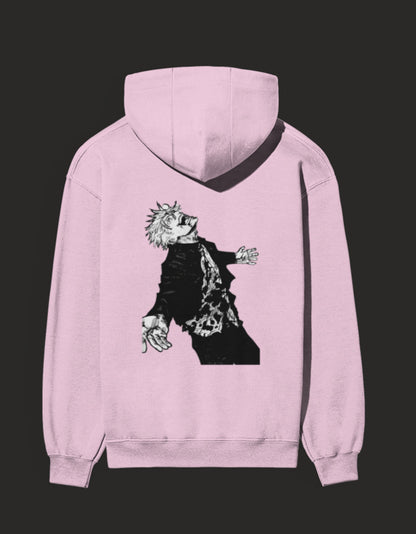 Pink Awakened Gojo hoodie featuring a detailed graphic design on the back for anime fans