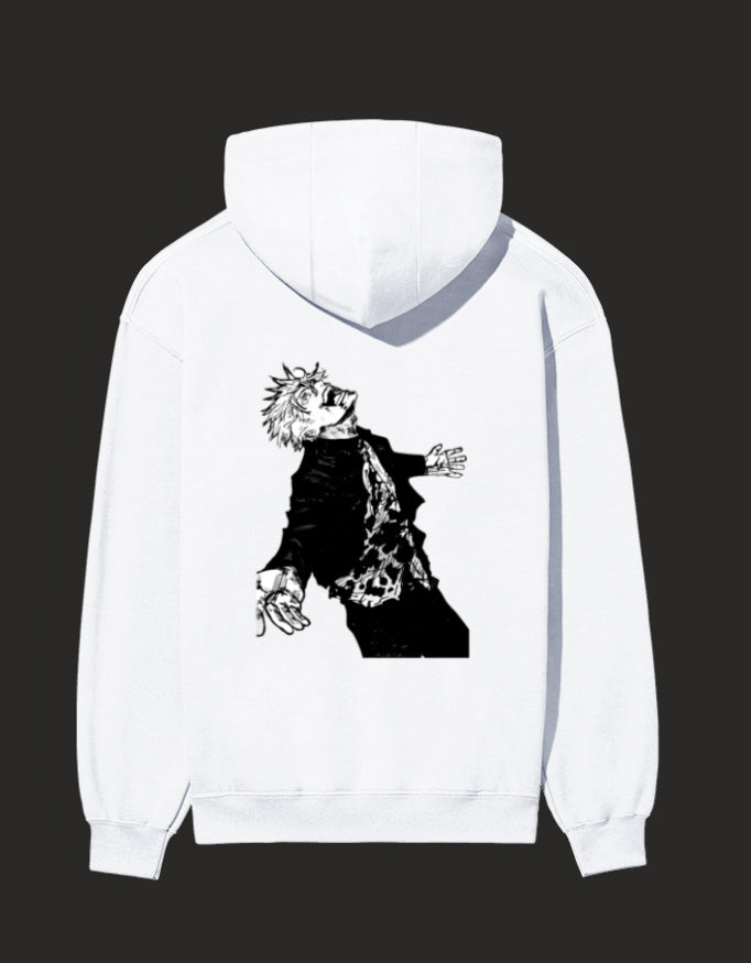 Back view of an awakened gojo hoodie featuring detailed anime character design on a white background