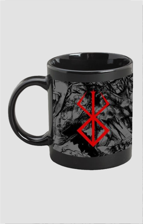 Black berserk coffee mug with red symbol and detailed anime-inspired graphic design