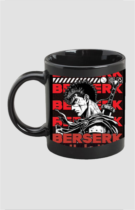 Black Berserk coffee mug featuring Guts character with red and white graphic design