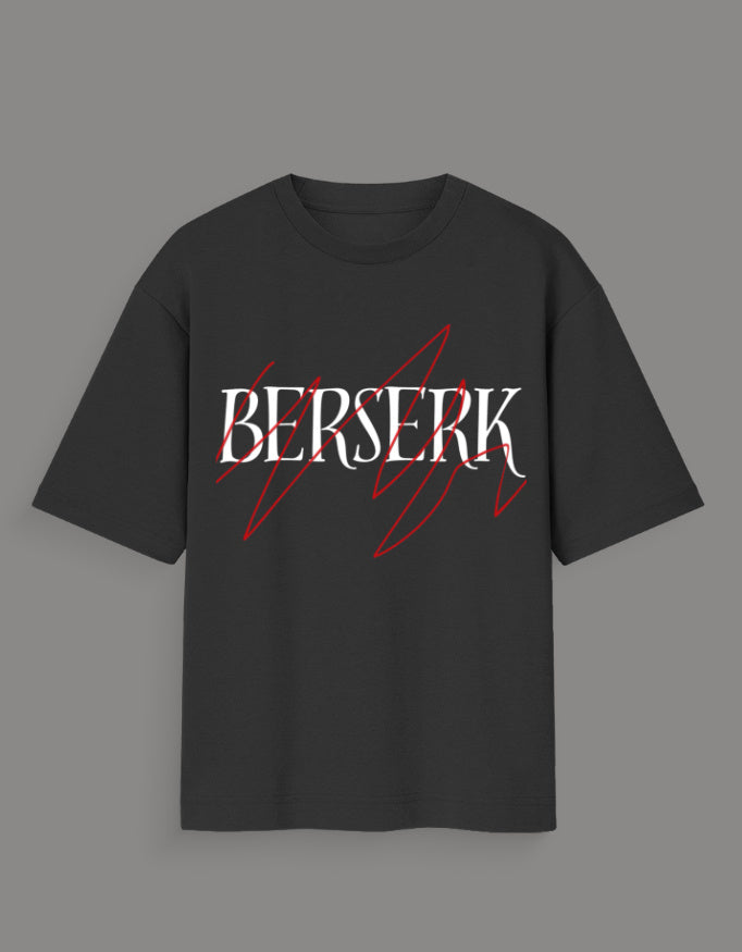 Black Berserk graphic tee for Gen Z with white text and red abstract lines designed for anime fans