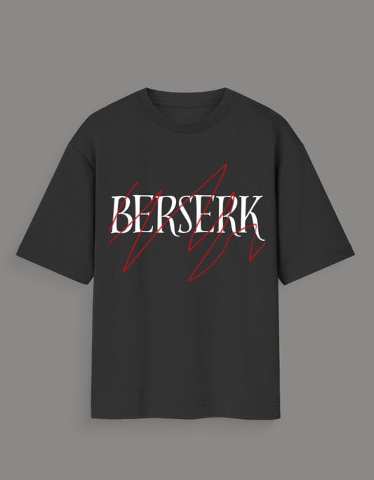 Black Berserk graphic tee for Gen Z with white text and red abstract lines designed for anime fans