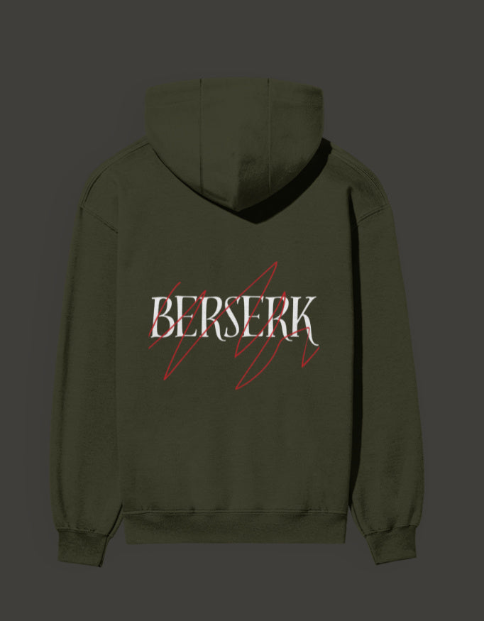 Berserk hoodie India in dark green featuring bold red lettering for anime fans