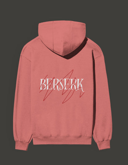 Berserk hoodie India in pink with bold text design on the back for anime enthusiasts