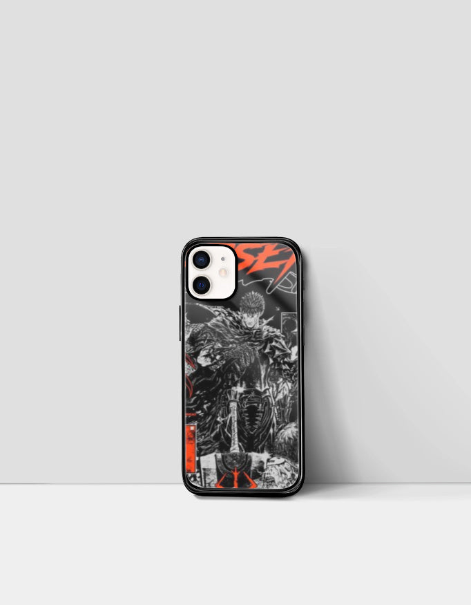 Berserk iPhone case featuring detailed black and white anime character design with red accents