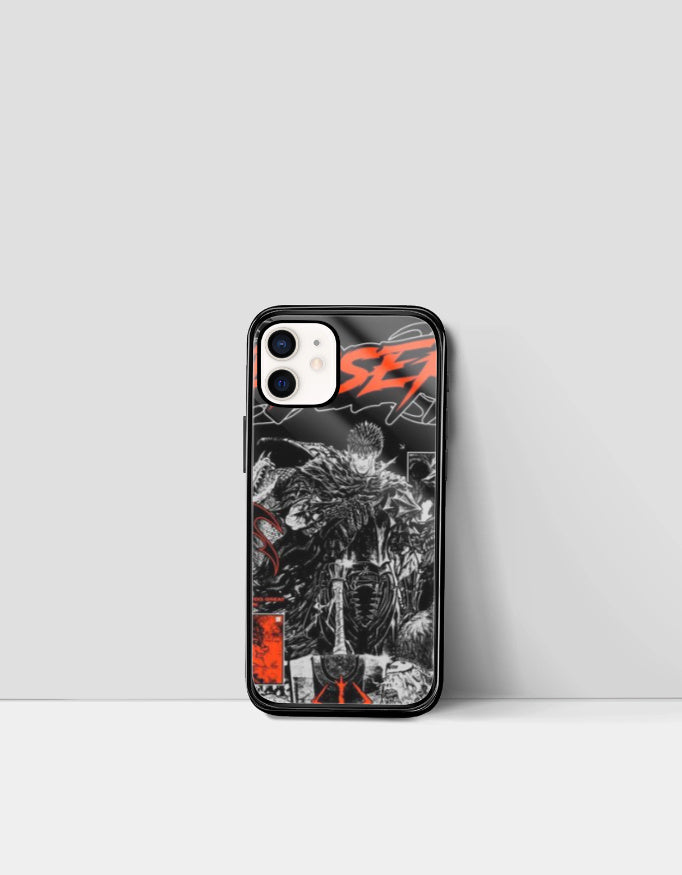 Black Berserk iPhone case featuring manga-style illustration with red and white accents
