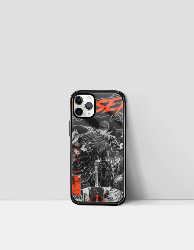 Berserk iPhone case featuring detailed black and white anime artwork with red accents from AnimeVerseStore