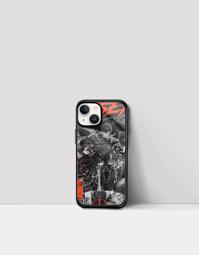 Berserk iPhone case featuring dark anime artwork with a warrior character design in black and red tones