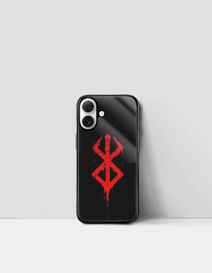 Black iPhone case with bold red Berserk symbol design berserk iPhone case from AnimeVerseStore