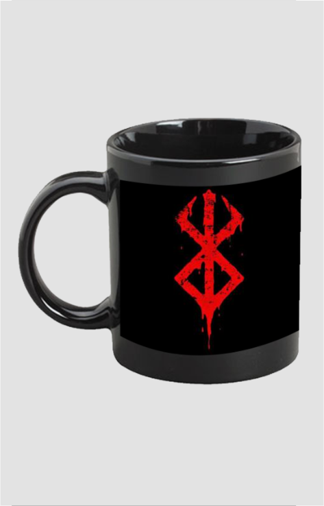 Berserk symbol black mug featuring a red graphic design on a glossy black ceramic surface