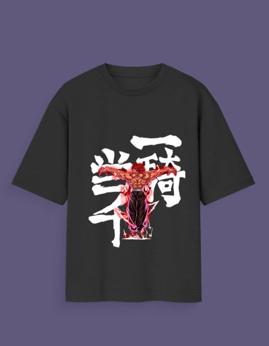 Black anime shirt featuring muscular character with Japanese text The strongest man anime shirt