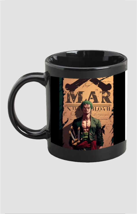 Black Zoro anime coffee mug featuring character with swords and wanted poster design