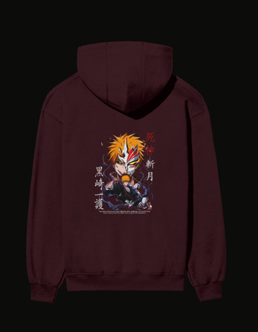 Bleach Ichigo unisex hoodie in burgundy with vibrant anime graphic on the back