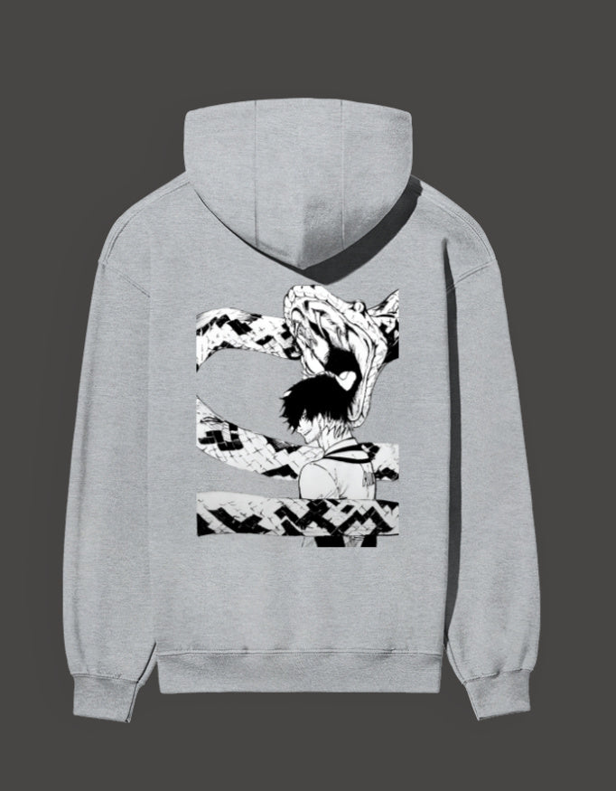 Grey hoodie featuring an anime design of a character from Blue Lock with unique graphic art