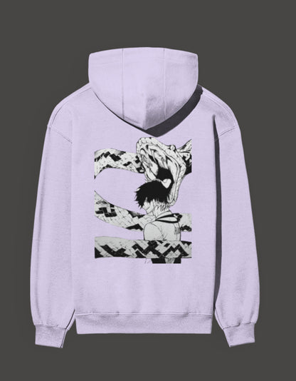 Light purple blue lock hoodie featuring a bold graphic design of a character and a serpent
