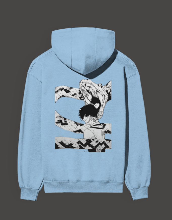 Light blue Blue Lock hoodie featuring a graphic of a character with a dragon design on the back