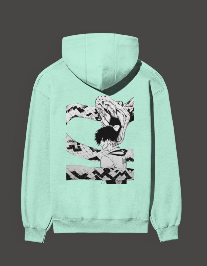 Mint Green Blue Lock Hoodie featuring a graphic of a character with a dragon design on the back