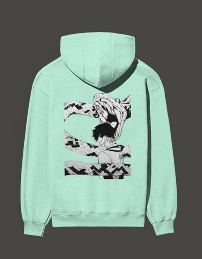Mint Green Blue Lock Hoodie featuring a graphic of a character with a dragon design on the back