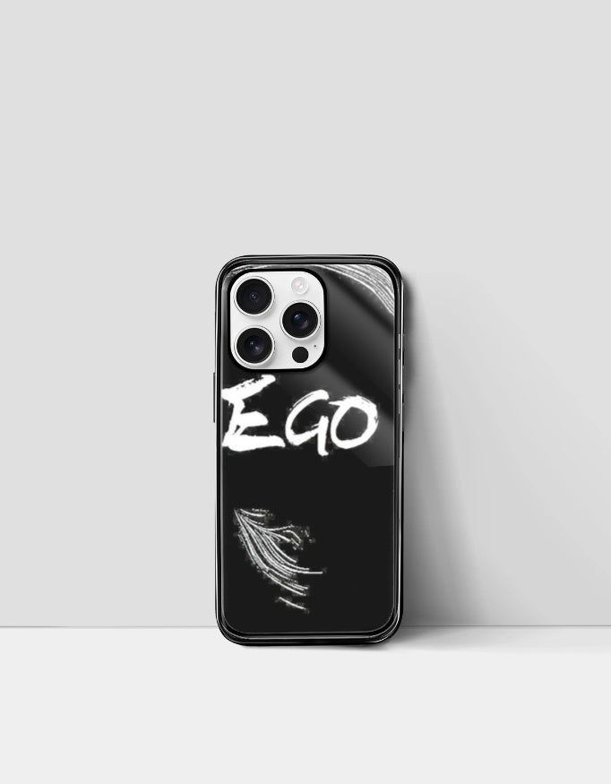 Black iPhone case with white ego text and artistic strokes blue lock inspired iphone cover