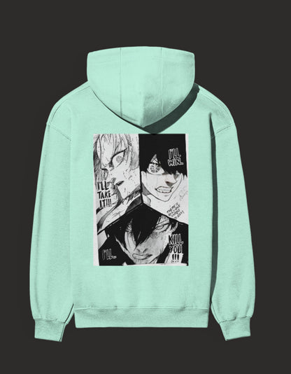 Mint green Blue Lock rival hoodie featuring dynamic characters and bold graphics