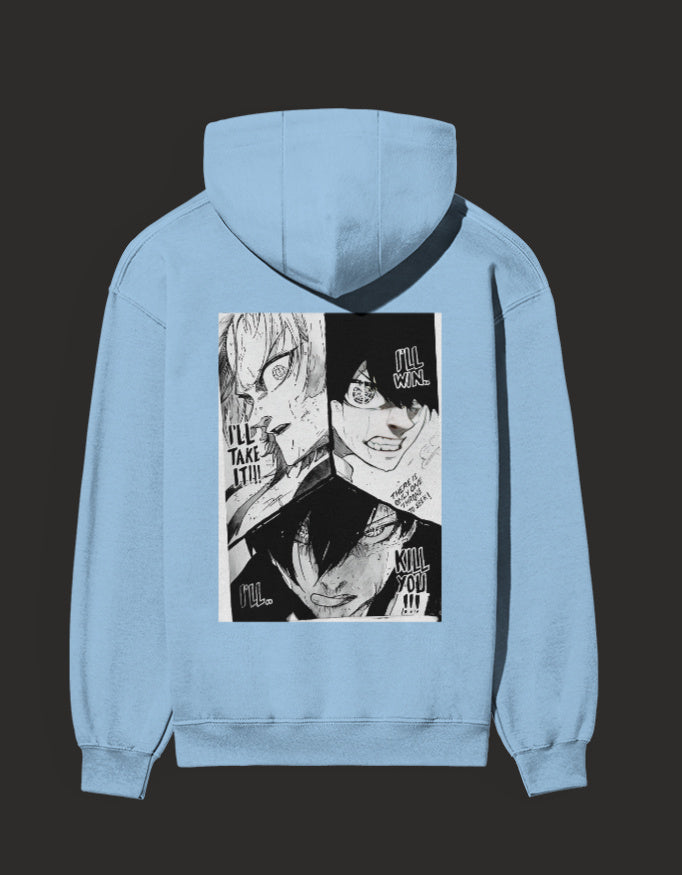 Light blue hoodie featuring Blue Lock rival artwork and bold character expressions for anime fans