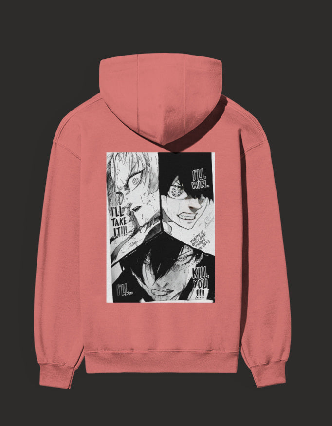 Pink Blue Lock rival hoodie featuring bold anime graphic and text design on the back