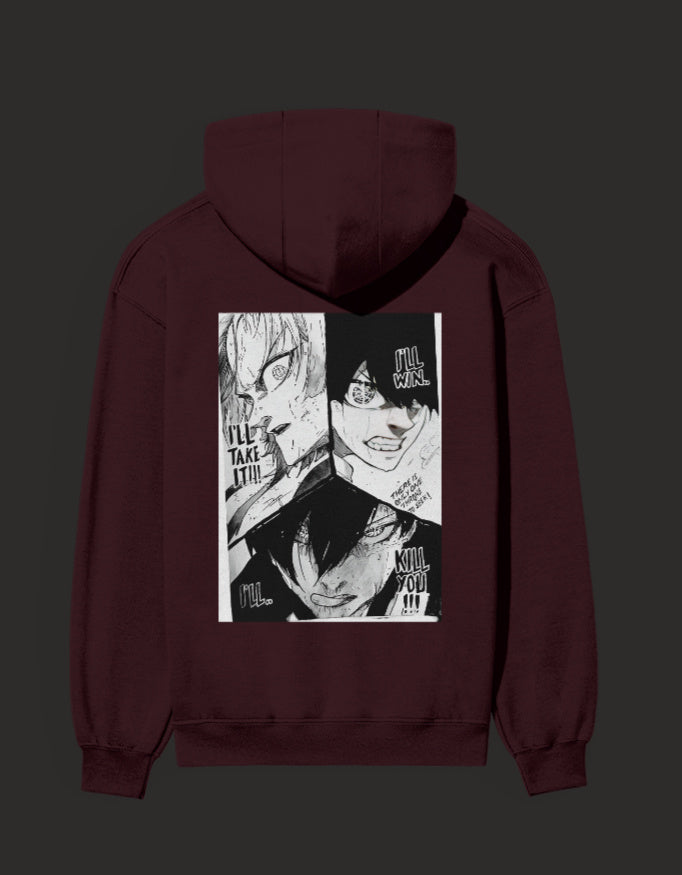 Maroon Blue Lock rival hoodie featuring dynamic anime character graphics on the back