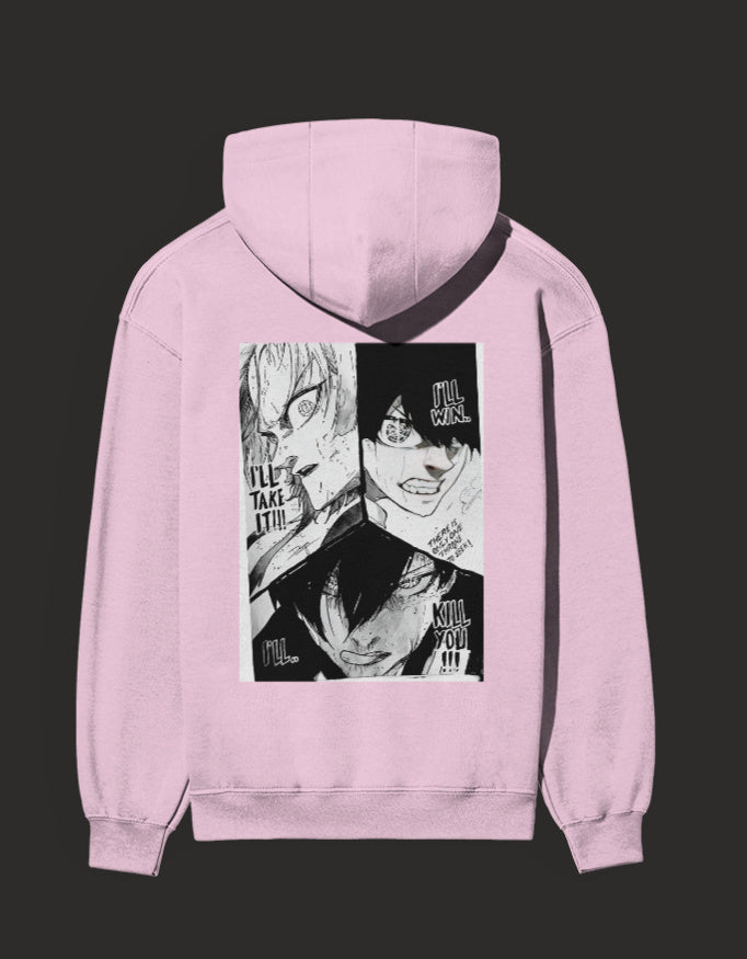 Pink Blue Lock rival hoodie featuring manga characters with intense expressions and quotes