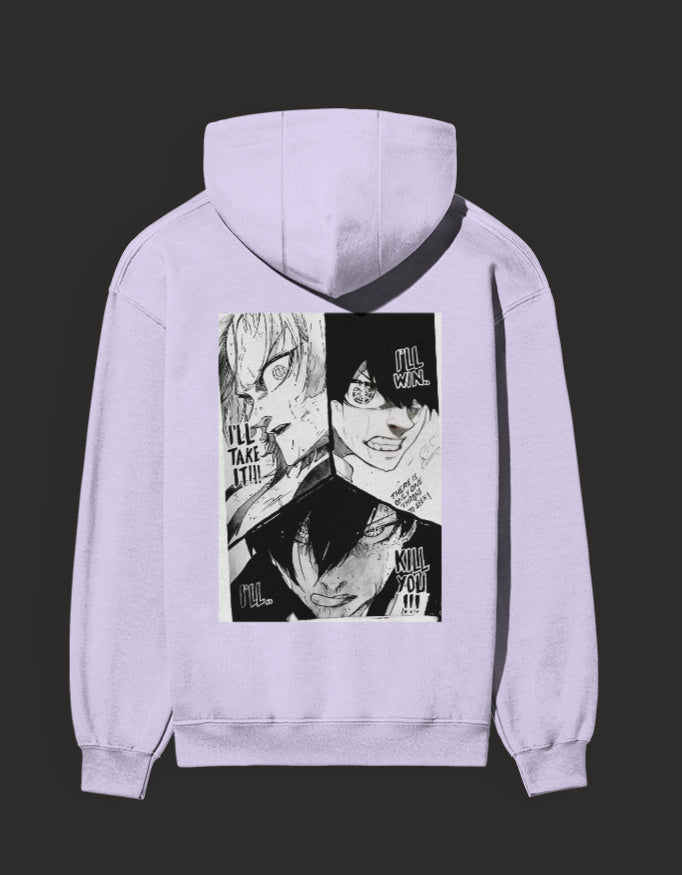 Purple Blue Lock rival hoodie featuring dynamic anime character illustrations on the back