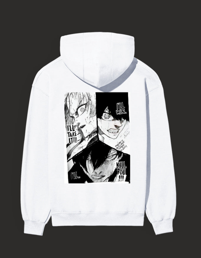 White Blue Lock rival hoodie featuring graphic artwork of intense anime characters
