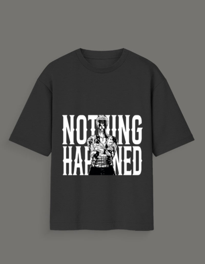 Black t-shirt featuring a graphic of Zoro and bold white text nothing happened zoro tshirt