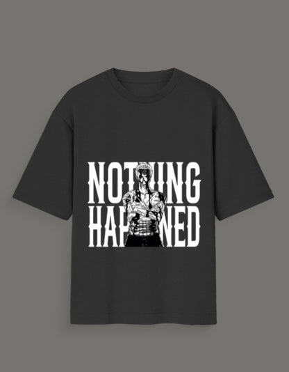 Black t-shirt featuring a graphic of Zoro and bold white text nothing happened zoro tshirt