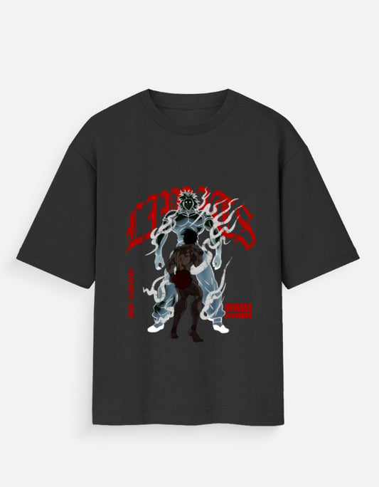 Black CHAOS X Baki graphic tee with dynamic anime character design and bold red lettering