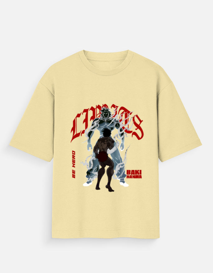 Beige CHAOS X Baki graphic tee featuring dynamic anime characters and bold red text design