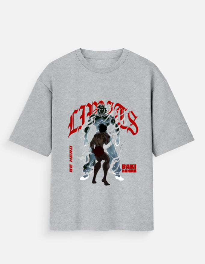 Gray CHAOS X Baki graphic tee featuring Baki Hanma and a powerful shadow figure design