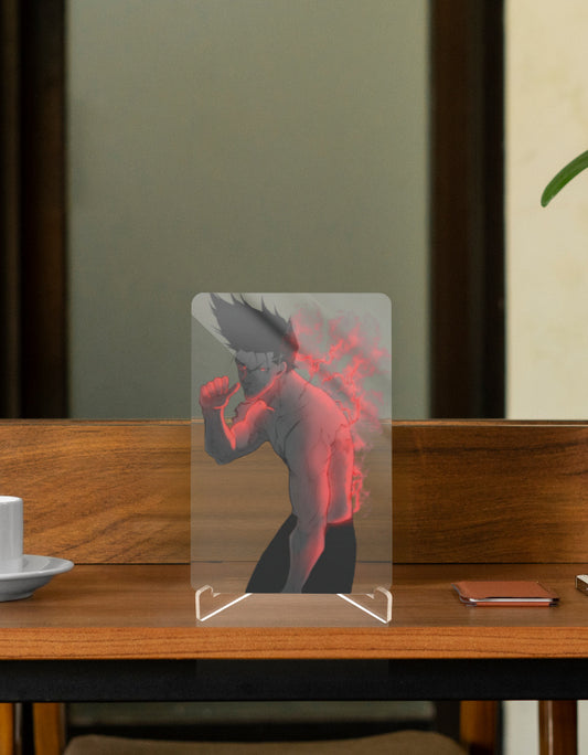Anime character relic display featuring a dynamic pose with red energy effects on a wooden table