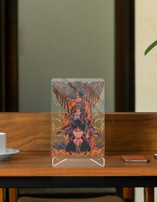 Vibrant character relic display featuring dynamic anime art on an acrylic stand for collectors