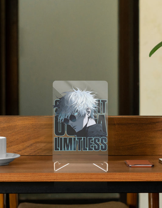 Cool acrylic character relic featuring an anime character with white hair and sunglasses on a wooden table
