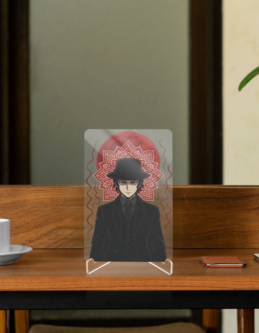 A stylish Character Relic display featuring a character in a black hat with intricate background patterns