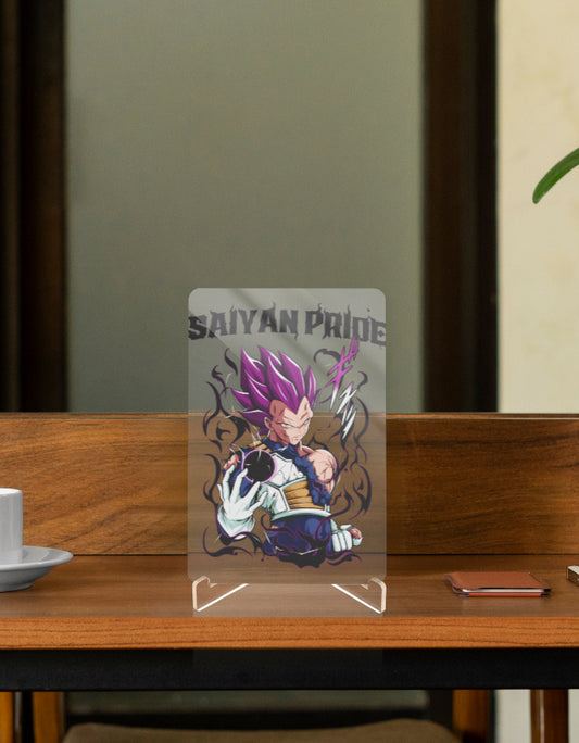 Dragon Ball Z Vegito Character Relic Display with Saiyan Pride Artwork on a Clear Stand